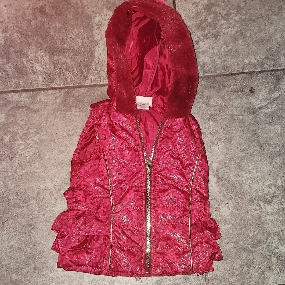 Little Lass Ruffle Vest Size 24 months Hot Pink/ Gold Fur Hood
